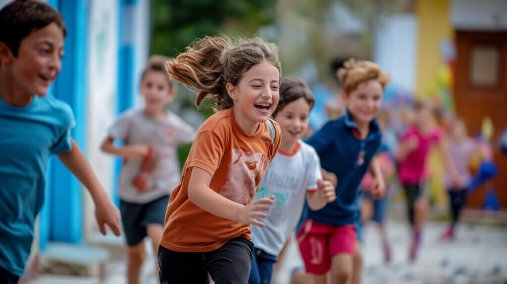 Smiling young girl running outdoors with friends, showing the family-friendly fun of the first annual Palo Verde Bloom Festival in Tucson—an event for all ages and a top Arizona vacation spot.
