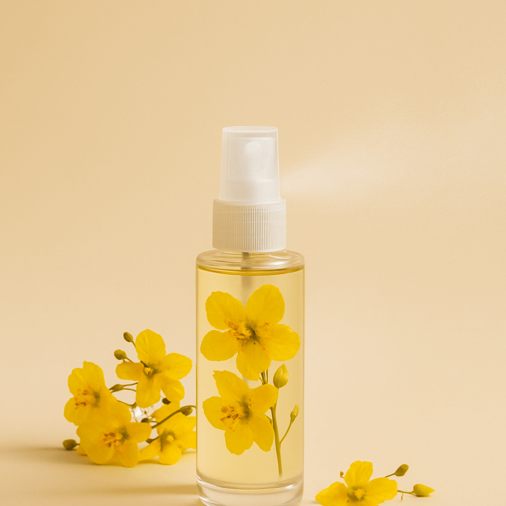 Glass spray bottle with liquid infused with Palo Verde blossom, symbolizing spring celebration of Palo Verde Bloom Festival in Tucson.