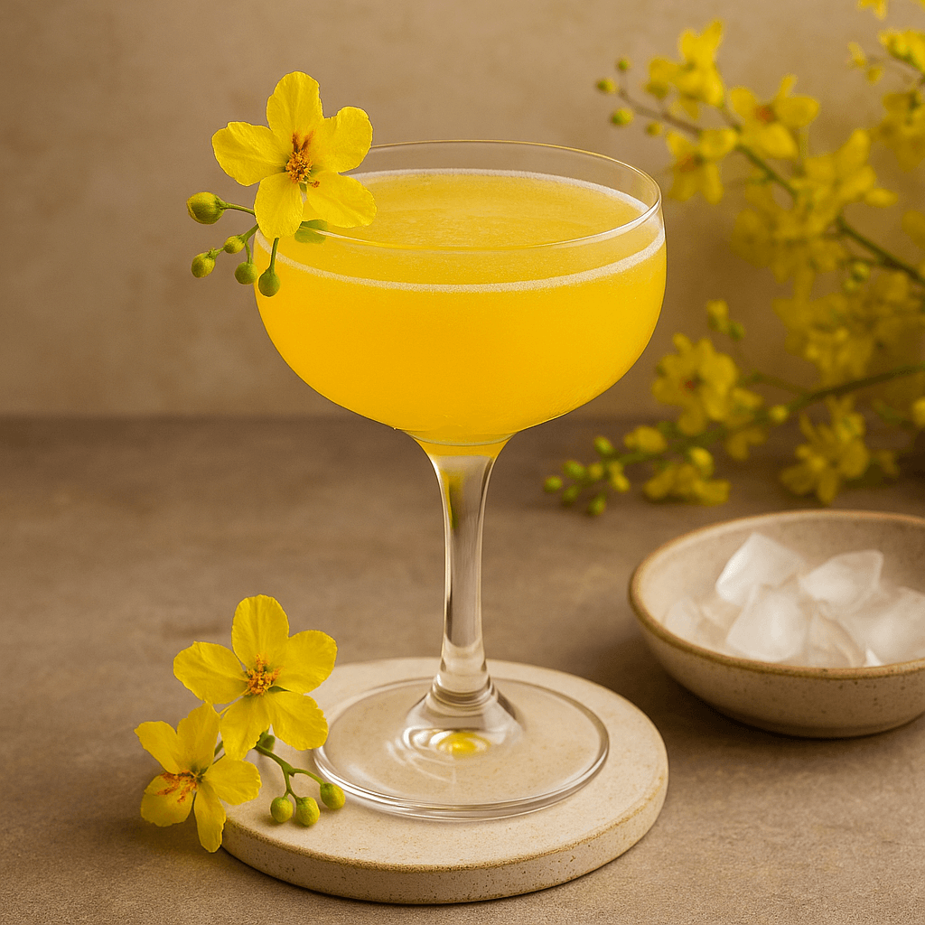 Cocktail with yellow blossom garnish, showcasing southwest entertainment and attractions in Tucson during the Palo Verde Bloom Festival