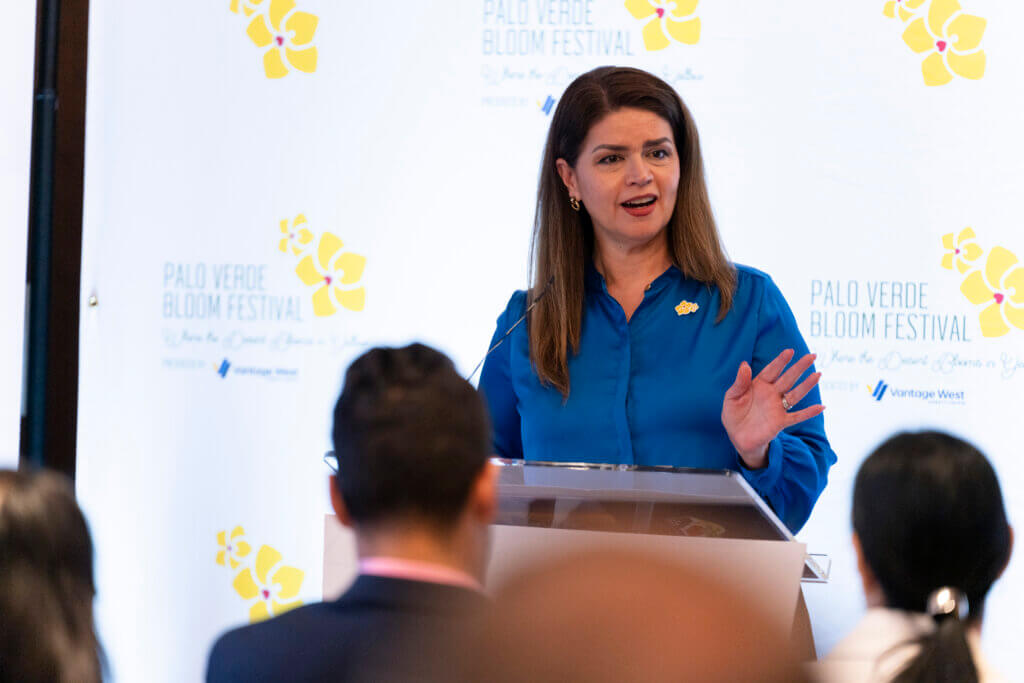 Tucson Mayor Regina Romero speaking at the Palo Verde Bloom Festival press conference, announcing one of the top spring events in Tucson and Arizona vacation spots.